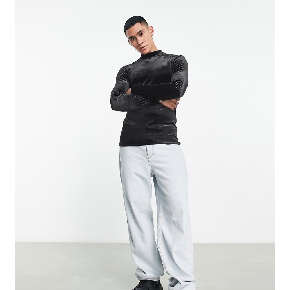 ASOS DESIGN Men's Muscle Fit Long Sleeve Velour Top Size L Black Velvet